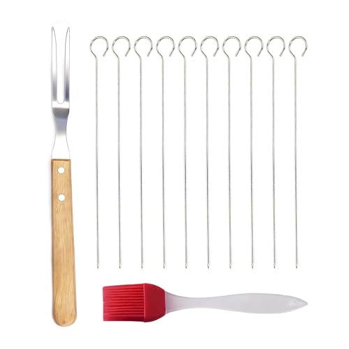 1 set da barbecue, 1 forchetta da carne, 10 spiedini rotondi con gancio, 1 spazzola per olio in silicone, manico in legno, forchette da carne in acciaio inox, forchetta da carne per barbecue, adatto
