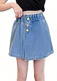 SEAUR Girls High Waist Denim Skorts Fashion Casual Jean Skirt Elastic Waistband Skirt Shorts Basic Wide Leg Denim Solid Color Shorts Blue 13-14 Years
