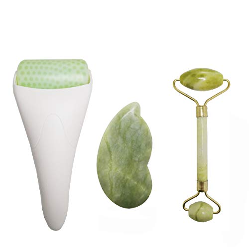 3 in 1 Ficial Face Ice Jade Roller and Gua Sha Tool, 100% Natural Real Jade Anti-Wrinkle Face Eye Neck Massager Tool, Reduce Wrinkles, Puffiness, Migraine, Redness, Pain and Minor Injury,Middle