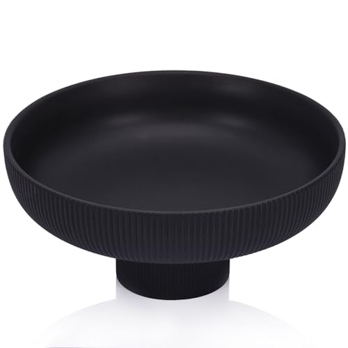 Modern Large Black Decorative Bowl - Ribbed Black Fluted Pedestal Bowl , Multi-Functional Fruit Bowl, Key Bowl, Candy Dish, Ideal for Entryway Table, Kitchen Counter, Living Room, Coffee Table Decor