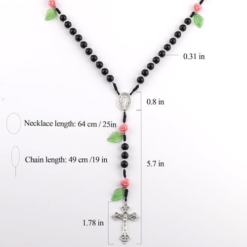 8mm Black Natural Stone Beads Catholic Rosary Necklace and Coral Rose Glory Beads with Flannel Bag for Women4