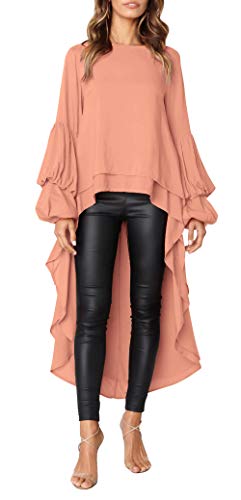 PRETTYGARDEN Women s Lantern Long Sleeve Round Neck High Low Asymmetrical Irregular Hem Casual Tops Blouse Shirt Dress (Pink, X-Large)