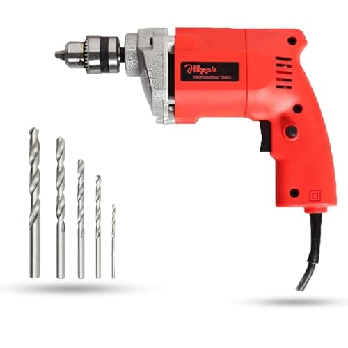 Image of Hillgrove HGCM524M1 With All Purpose 10mm Drill Machine with 5Pcs HSS Drill Bits for Making Holes in Metal /Wood /Concrete Pistol Grip Drill