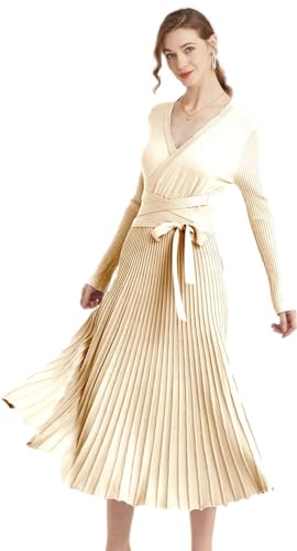 Image of Women's Long Sleeve Sweater Dress Ankle Length Fall Dress Vneck Knit Winter Dress