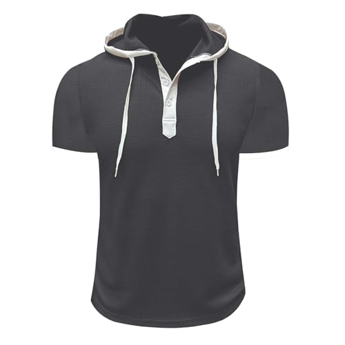 Mens Waffle Hoodie Shirts Short Sleeve Workout Gym Sweatshirt Muscle Fit Fashion Athletic Hood Pullover Cotton Hooded Tshirt3