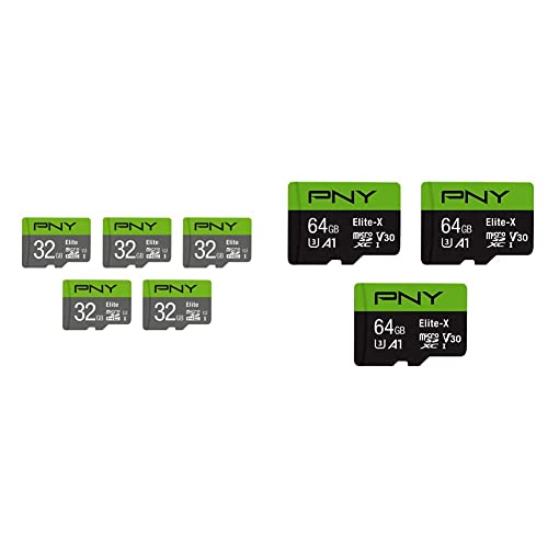 Pny 32Gb Elite Class 10 U1 Microsdhc Flash Memory Card 5-Pack - 100Mb/S, Class 10, U1, Full Hd, Uhs-I, Micro Sd & Pny 64Gb Elite-X Class 10 U3 V30 Microsdxc Flash Memory Card 3-Pack-100Mb/S, Class 10 #TOP29