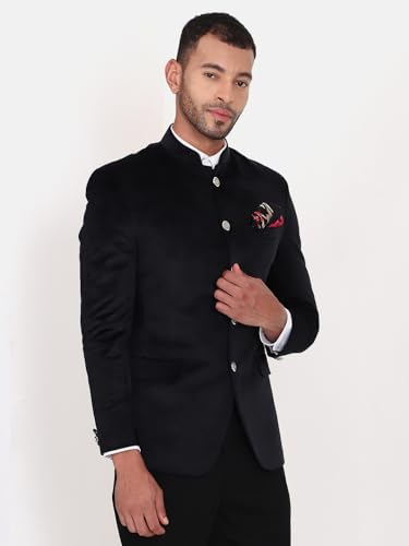 Image of MANQ Men Slim Fit Bandhgala Velvet Blazer - Mandarin Collar, Button Closure, Long Sleeves, Solid Ethnic Winter Wear with Three Pockets for Adults