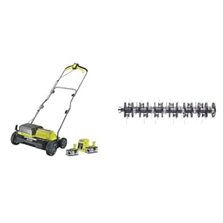 Ryobi Scarificateur 2 x 18V LithiumPlus Fusion Brushless - Diamètre 35 cm - 55L - 2 Batteries 4.0 Ah - 1 Chargeur Rapide RY18SFX35A-240 & Rouleau aérateur pour scarificateur AC/DC RAC821-35 cm