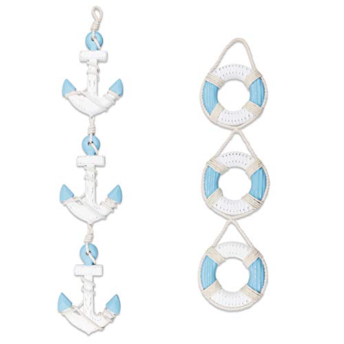 Fangoo 2 Pack 67,5 CM Ancla de Madera náutica de y 46,5 CM Anillo Salvavidas de Madera de con Cuerda Salvavidas náutico para Colgar en la Pared, Adorno para Colgar en la Puerta(Azul Claro)