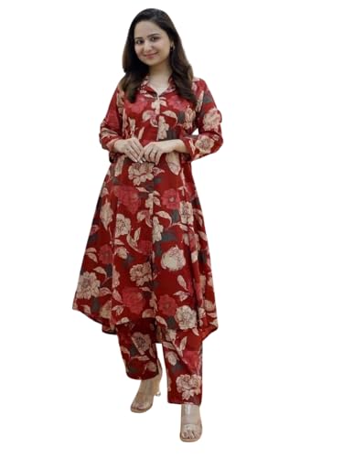 Image of Leriya Fashion Women's Cotton Printed A-Line Kurti Pant Set | Abstract Leaf & Floral Kurta with Trouser Pant | Casual Ethnic Co-ord Set for Women Stylish | Elegant Anarkali Style Tunic Kurta Set