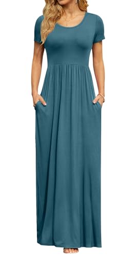 Image of DB MOON Womens 2026 Casual Summer Maxi Dresses Short Sleeve Empire Waist Spring Long Dress with Pockets(Turquoise, XL)
