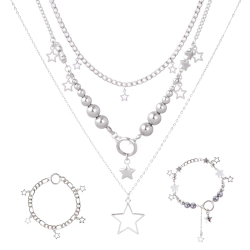 Image of JTYKUYR Y2K Silver Star Necklace Jewelry Set Grunge Layered Necklace Hip Hop Vintage Aesthetics Y2k Accessories Set