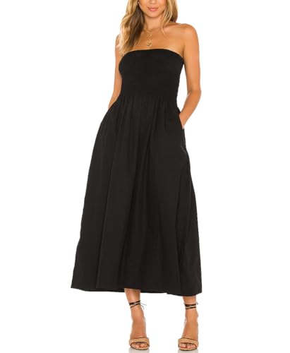 Image of Aigeman Women Strapless Tube Maxi Dress Flowy Swing Long Beach Sundress Sleeveless Boho Summer Dress with Pokets 330