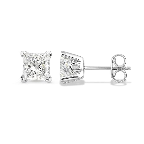 IGI Certified 1 Carat Princess Cut Lab Grown Diamond Classic Square Stud Earrings for Women I 14k White Gold Earrings (G-H, VS1-VS2, 1.00 cttw) 4-Prong Setting Push Back Studs by Carbon Atelier