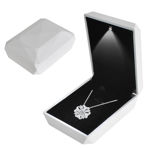 Caja De Collar de Joyería con Luz LED, Collar Caja De Presentación De Joyas, Caso De Collar Con Colgante De Terciopelo, para Propuesta Compromiso Boda Valentín, 7 * 9 * 3.3cm, Blanco a