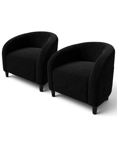 GarveeHome Accent Chair Set of 2 Living Room Chairs Barrel Boucle Chairs Comfy Armchairs for Bedroom Reading Room Reception Chairs(Black)