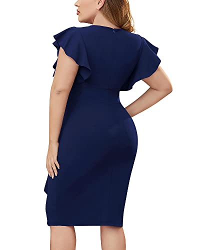 Image of Miusol Women's Plus Size Vintage V Neck Ruffles Sleeve Bodycon Business Cocktail Party Pencil Dress