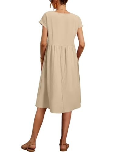 Image of LARMLISS Baggy Crew Neck Dress for Women Summer Casual Comfy Cotton Short Sleeve Tunic Beach Midi Dresses with Pockets
