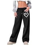 Womens Wide Leg Sweatpants Heart Print High Waisted Baggy Pants Fashion Drawstring Athletic Pockets Lounge Joggers Black
