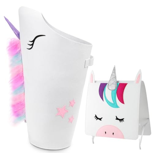 PIKL Unicorn Hamper Bedside Caddy set Patented design Quality Girls Laundry Hamper with Carry Handle and hanging storage organizer bed pocket unicorn decor Ideal gift for girls kids laundry basket