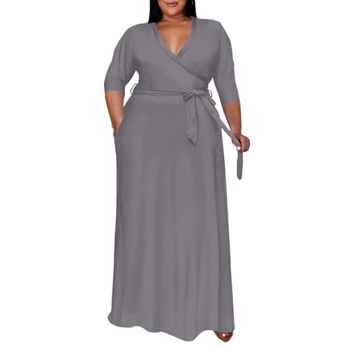 Image of Runwind Plus Size Dress for Women - 3 /4 Sleeve V Neck Maxi Dresses for Women (XL-6XL)