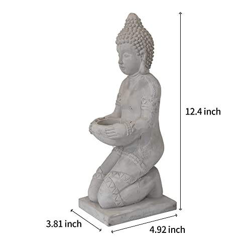 Kante 12.8" H Set Of 2 Cement Composite Buddha Statues Tealight Candle Holders Ornament, Natural Concrete Indoor/Outdoor Tabletop Décor #TOP5