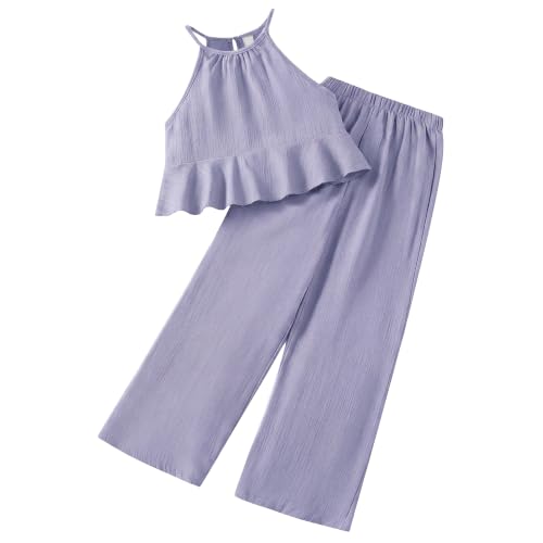 G.COW Girls 2 Piece Outfit Halter Neck Ruffle Crop Top Wide Leg Pants Set - image 1
