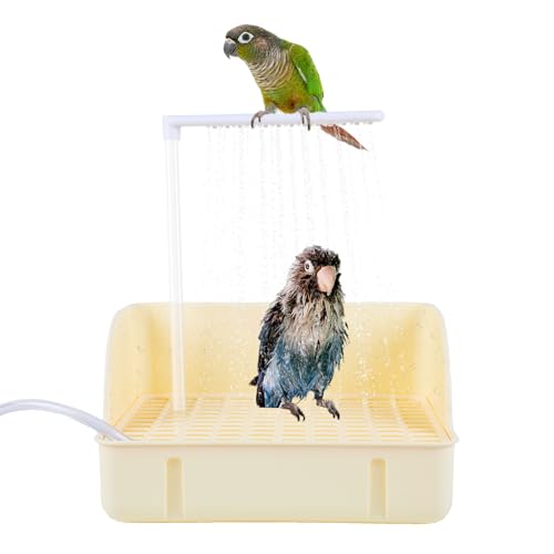 Image of Automatic Bird Bath Fountain, USB Powered Bathtub for Parrots | Chew-Proof Anti-Bite Power Cord, Running Water Faucet Showers, Beige Tub for Parakeets, Cockatiels, Conures, African Greys