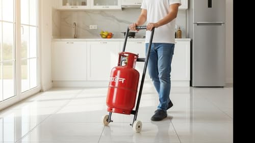 Image of ANAMIKA Heavy Duty LPG Gas Trolley with Wheels & Dual Hooks | Easy Grip Handle for Effortless Gas Movement | Strong Metal Stand for Home Kitchen | Durable Gas Carrier Trolley (Black)