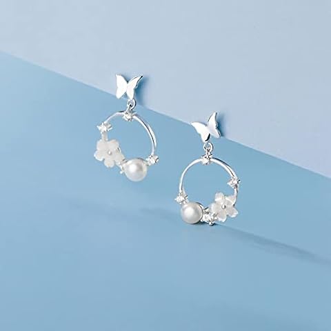 HGJH Stud Earrings for Women, 925 Sterling Silver Stud Earrings Butterfly Circle Ear Studs Fashion Pearl Cartilage Small Stud Earrings Charm Jewelry for Women Girlfriend Sisters Cover