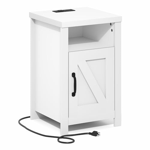 Furinno Farmhouse Nightstand with Charging Station, Bedside Table, Side Table, End Table with Door, USB Ports and Outlets, for Bedroom, Closet, Dorm, White - image 5