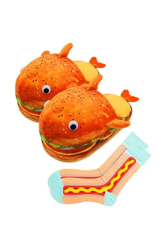 Hamburger Slippers Food Shoes Plush Hamburger Shaped Funny Warm Slippers with Hot Dog Socks