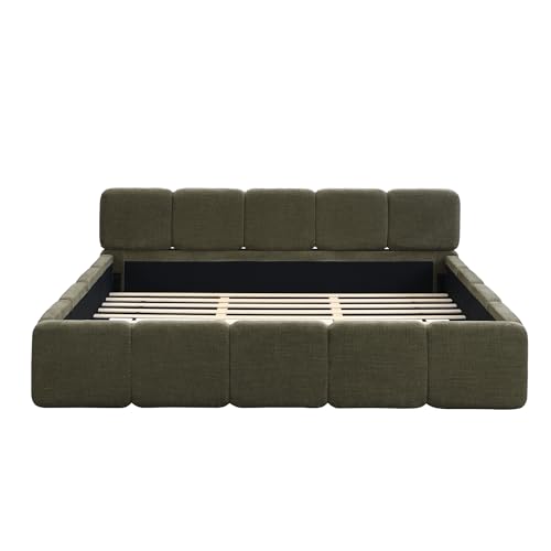 Image of Harper & Bright Designs King Size Upholstery Platform Bed with Thick Headboard, Boucle Platform Bed with Solid Wood Slats, Upholstery Grounded Beds, Easy Assembly, Green