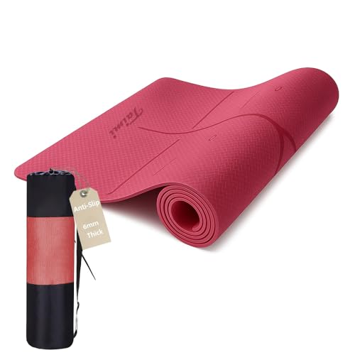 Taimi 6mm Non-Slip TPE Yoga Mat with Carrying Bag - Rose Exercise Mat with Knee Support and Non-Slip Lightweight Training Mat for Yoga Pilates Fitness and Home Workouts - 183x61cm