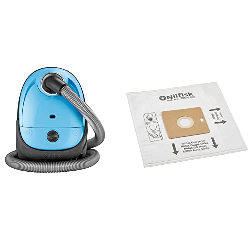Nilfisk Aspirador De Trineo Básico One, Pequeño, Filtro Epa O Hepa, 3 L De Capacidad, Azul Claro + 78602600 Bolsas Aspiradoras Y Prefiltros, Blanco, Paquete con 5 Unidades