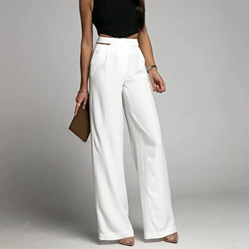 niuwa Lady Women Solid Straight-Leg Pants High Waisted Stretch Elegant Pants with Pockets Office Work Long Pants Work Wear (White-2, XL)2