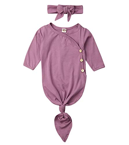 Infant Girls Nightgown Sleepwear Knotted Romper with Button Long Sleeve Sleeping Bags and Headbands Pajamas Outfits Set (0-3M, C-Purple)