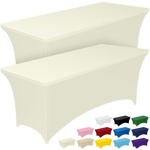 Image of Pureegg Spandex Tablecloth 6ft - 2 Pack, Fitted and Tight Cloth for Rectangle Table, Wrinkle-Free and Stretch Table Cover for Party, Wedding, Banquet and Birthday, Ice Cream, Ivory