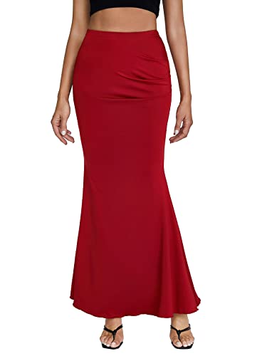 Opoipin Women's Ruched Bodycon Fishtail Mermaid Pencil Elegant High Waist Long Maxi Skirt Wine Red Small #TOP19