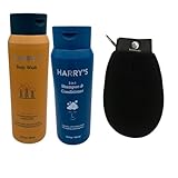 BLOSSOMABLE Harrys Body Wash For Men Shower Gel Redwood Scent & Daily Shampoo & Conditioner 2-in-1 Bundle for All Hair Types 14 fl oz with Exfoliating Body Scrubber Mitt, Blue