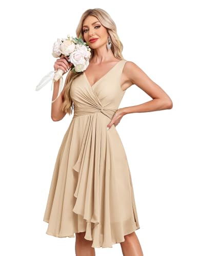 Image of Women's V Neck Short Bridesmaid Dresses 2025 Ruched Waist A Line Chiffon Formal Cocktail Party Dress