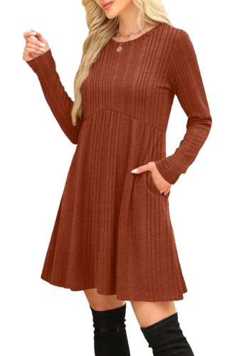 Image of OFEEFAN Long Sleeve Dress for Women Crew Neck Empire Waist Tunic Dress with Pockets