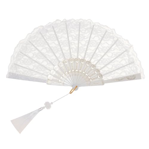 Fzxdfg 1PCS Lace Handheld Folding Fan Elegant Embroidered Flower Chinese Folding Fans Vintage Fan for Women Wedding Decoration Dancing Party (White)