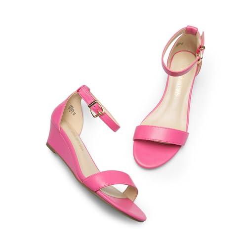 DREAM PAIRS DREAM PAIRS Women's Ankle Strap Low Wedge Sandals Party Bridal Wedding Dress Shoes,Size 11,Hot Pink-Pu,INGRID
