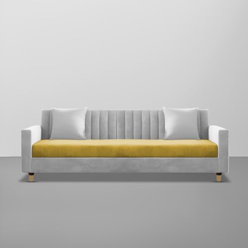 Image of Casaliving Garcia 3 Seater Sofa Set for Living Room (Yellow Grey Colour) Premium Fabric Sofa