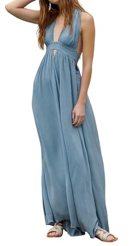 Image of R.Vivimos Boho Maxi Dresses for Women 2026 Summer Sleeveless Halter Elastic Waist Sexy Backless Front Slit Flowy Long Dresses