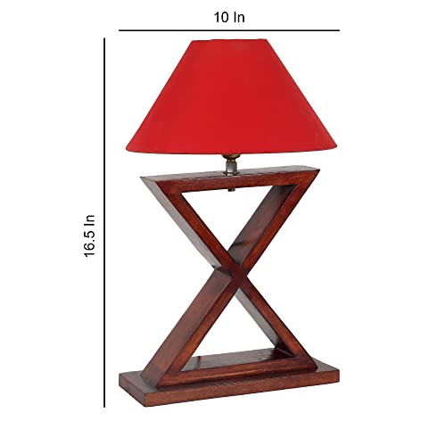 Image of tu casa Table Lamps with Mango Wood Base & Red Cotton Shades for Home Decor, Bedrooms, Living Room, Gifting, Diwali Decoration, Dining Space, Study Room, Hall (Height- 42cm) - Bulb not Included
