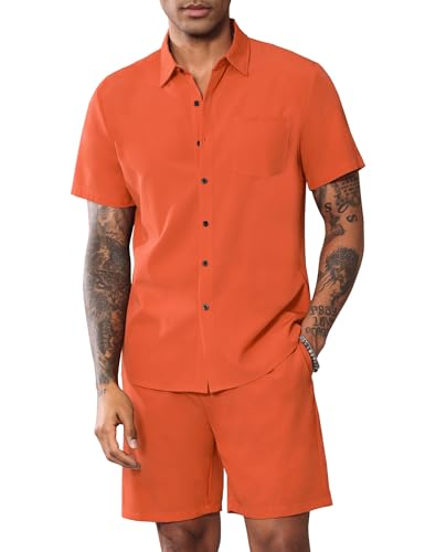 LecGee Men Summer Casual Short Sets Solid Short Sleeve Pocket Button Down Shirt Elastic Shorts 2 Piece Outfits Tracksuit2