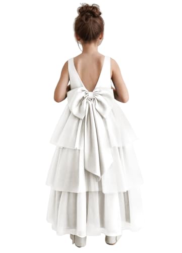 Tiered Girls Flower Girl Dress with Bow Knot Crewneck Backless A Line Birthday Formal Party Dress