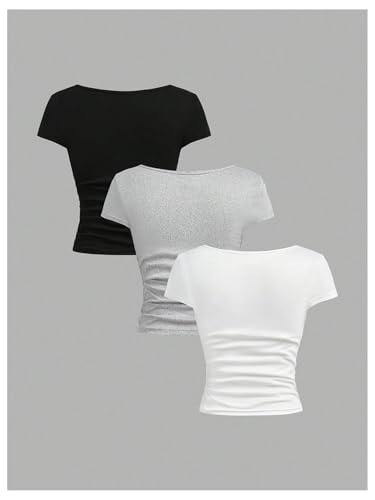 SOLY HUX Girl's Summer Short Sleeve Shirts 3 Packs Scoop Neck Ruched Tees Basic Shirt Tops2